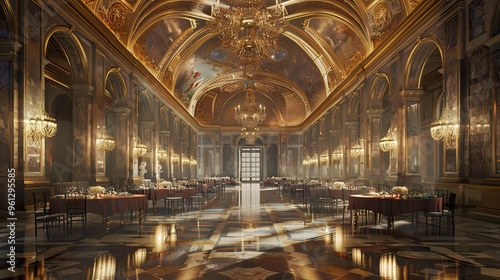 Backdrop of a grand dining hall with elegant chandeliers and soft ambient lighting