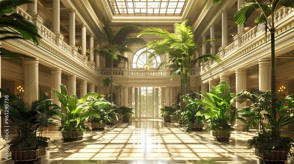 Backdrop of a grand atrium with a glass ceiling indoor plants and soft ...