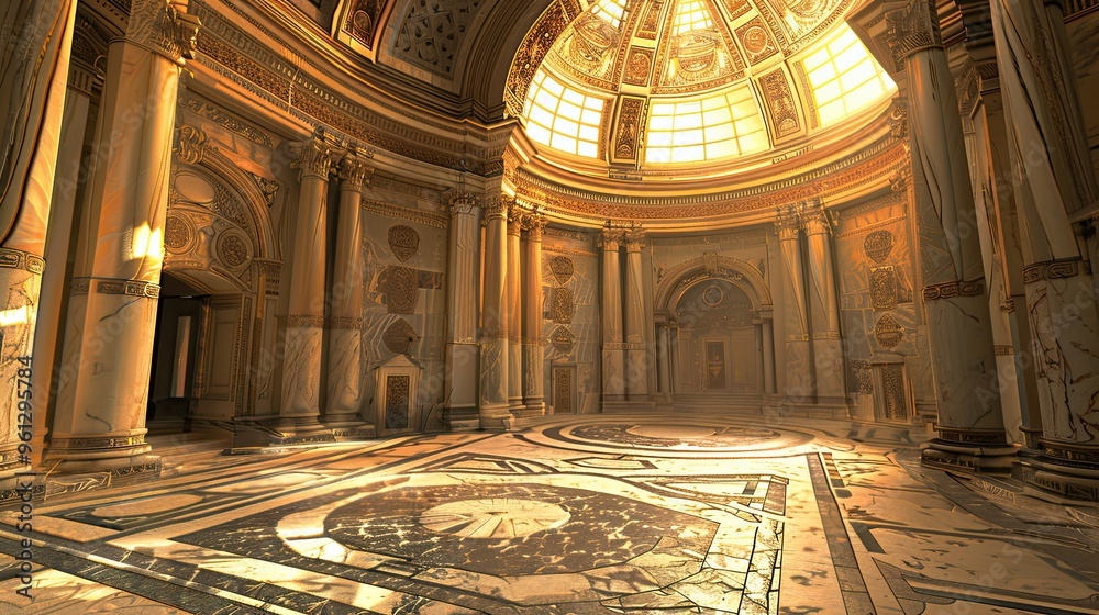 Obraz premium Marble rotunda with ornate ceiling and soft ambient light in the background