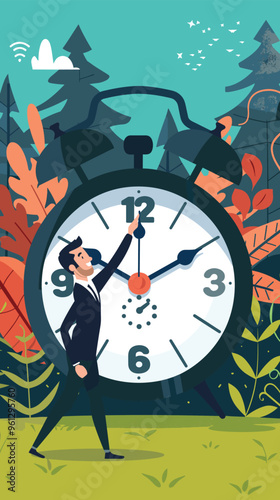 Businessman Ringing Alarm Bell in Front of Big Clock, Symbolizing Deadline Pressure and Time Management