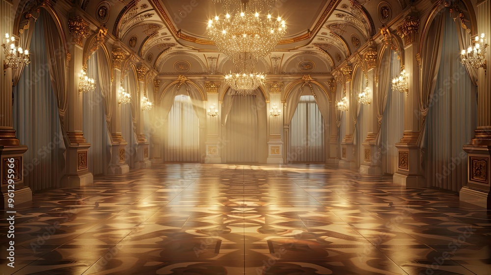 Obraz premium Grand ballroom with chandeliers and parquet floor lit by soft background light