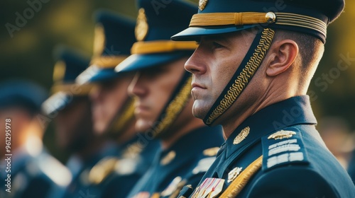 Uniformed military officers saluting in formal parade ground formation