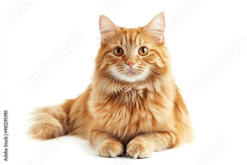 A cat with orange fur is sitting on a white background. The cat has a curious expression on its face , ai