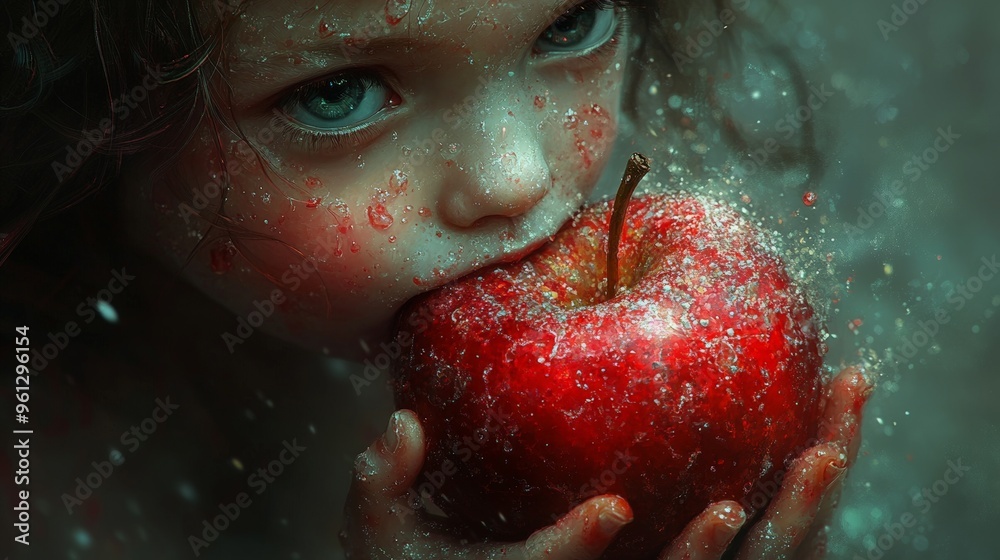 Fototapeta premium A child eating an apple, but the apple core is filled with candy, symbolizing the hidden dangers in seemingly healthy choices. Creative concept art, high resolution, detailed, colorful, surrealistic,