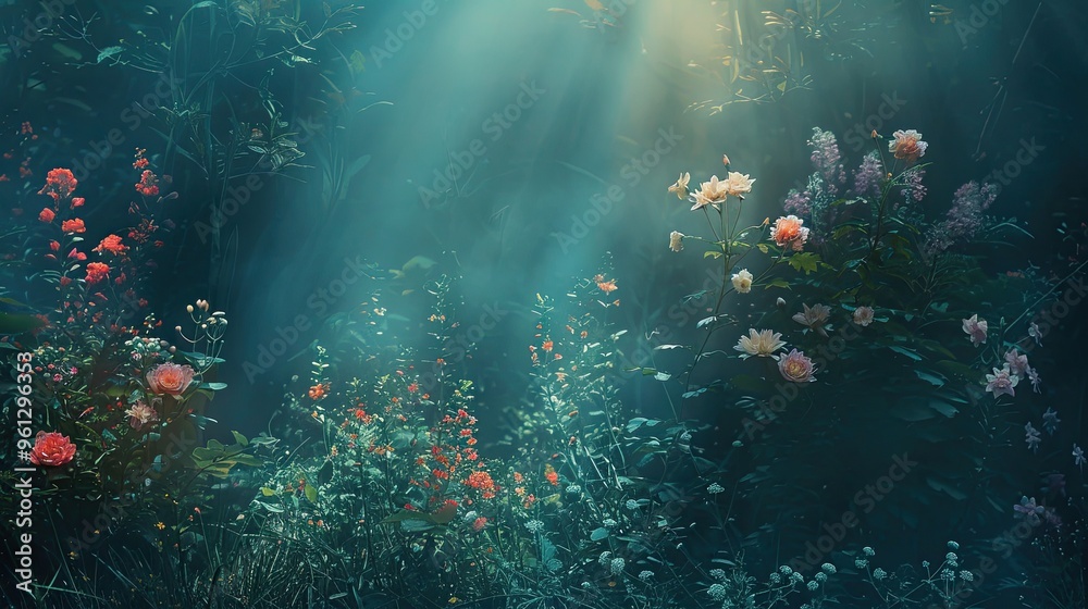 Enchanted garden with surreal flora and soft diffused light creating a dreamy backdrop Enchanted garden with surreal flora and soft diffused light creating a dreamy backdrop