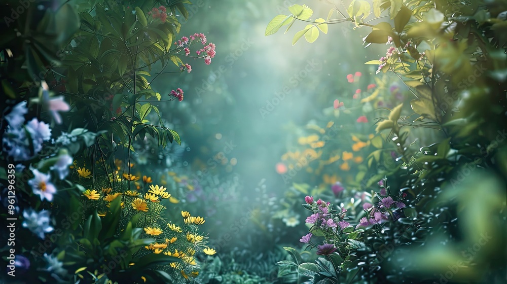 Surreal garden with lush flora and soft diffused light casting an otherworldly wallpaper Surreal garden with lush flora and soft diffused light casting an otherworldly wallpaper
