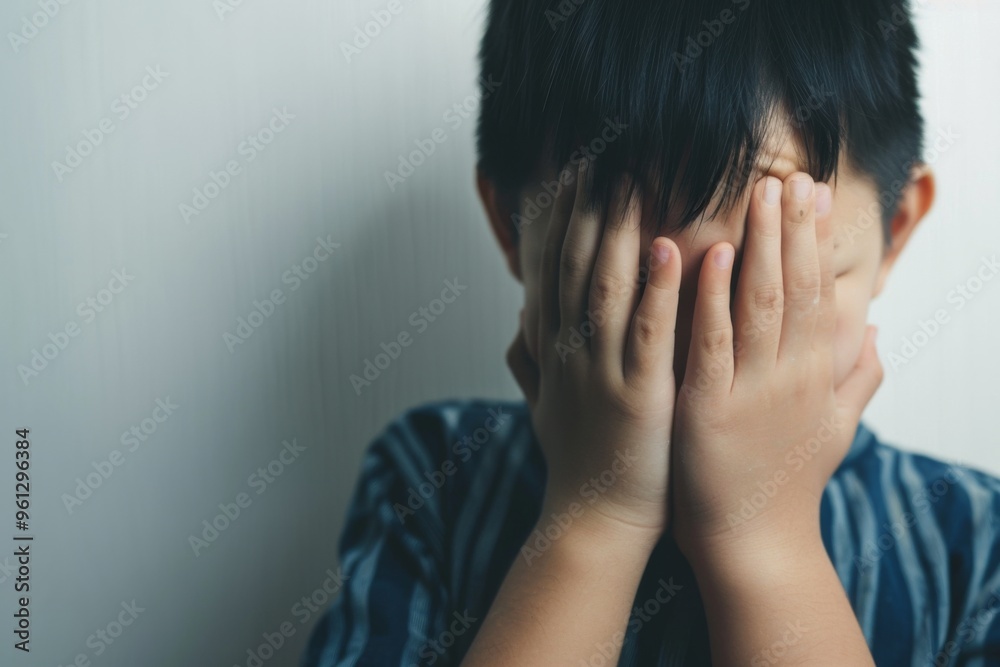 A boy conceals his face with hands, expressing distress and the challenges of mental health awareness for children on World Autism Awareness Day A boy conceals his face with hands, expressing distress and the challenges of mental health awareness for children on World Autism Awareness Day