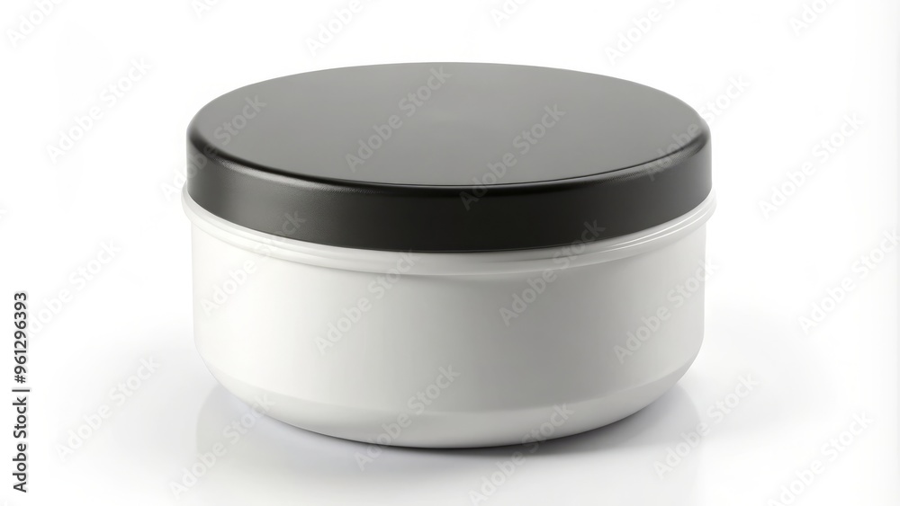 A clean white pod container stands alone on a pristine white background, its black cap shining with a A clean white pod container stands alone on a pristine white background, its black cap shining with a