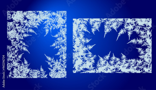 Winter frame with frosted patterns . White ice crystals design texture freeze winter window. Vector empty celebration border