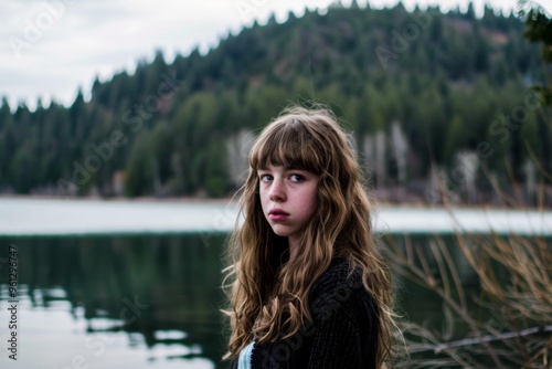 A melancholic moment by the tranquil lake, reflecting a teen girls inner feelings amidst natures beauty photo