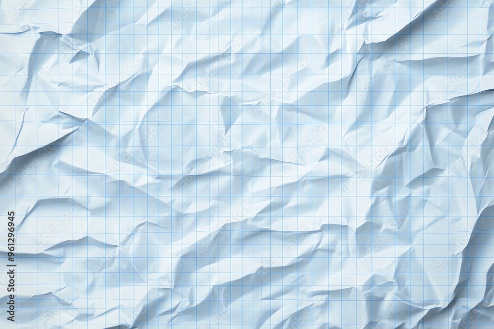 Obraz premium Crumpled blue checkered paper texture realisric vector illustration. White blank notebook sheet with grid, wrinkle and crease effect, note page mock up, educational template , ai