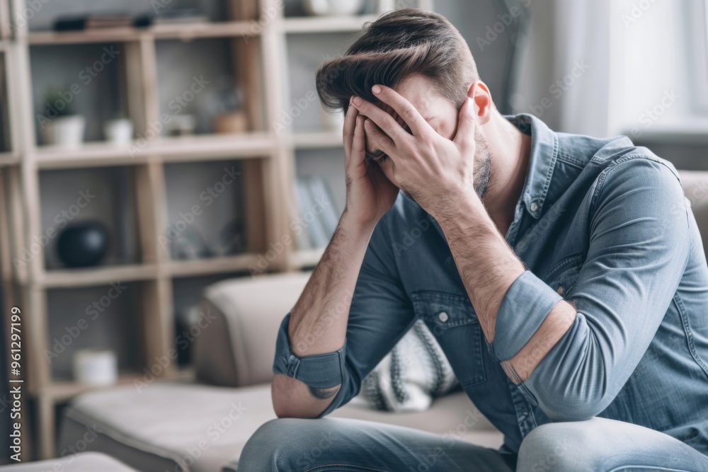 Unhappy handsome man sitting on a sofa with a headache, holding his forehead in distress during a quiet afternoon at home Unhappy handsome man sitting on a sofa with a headache, holding his forehead in distress during a quiet afternoon at home