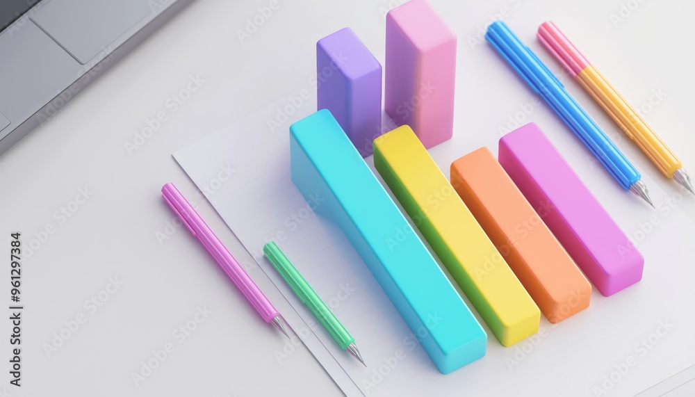 Colorful bar graph on paper beside laptop, financial data analysis, 3D illustration Colorful bar graph on paper beside laptop, financial data analysis, 3D illustration