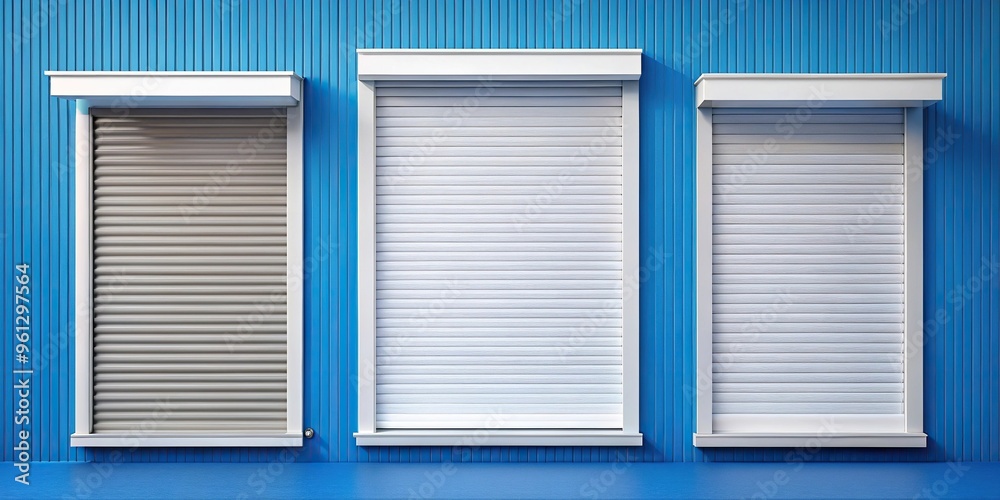 Fototapeta premium Asymmetrical window roller shutters of different sizes on blue background