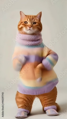 Cute Cat dancing Video, A round-faced orange tabby cat stands upright, dressed in an oversized sweater with a pastel rainbow pattern. It wears tiny knitted booties on its back paws. Generative AI