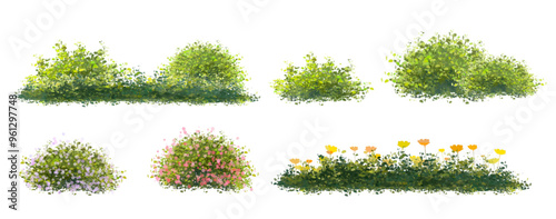  Vector watercolor blooming flower tree or forest side view isolated on white background for landscape and architecture drawing,elements for environment or and garden,green tree for garden section 