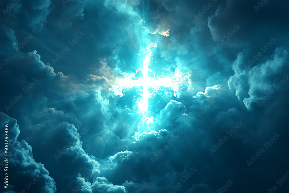 A glowing cross radiates bright light through clouds in a cloudy sky, creating a powerful abstract digital background. A glowing cross radiates bright light through clouds in a cloudy sky, creating a powerful abstract digital background.