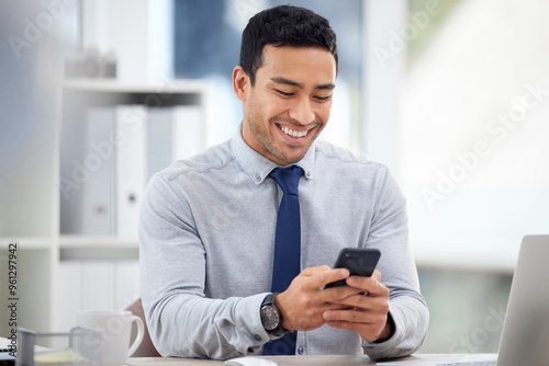 Businessman, phone and news notification in office, typing email and trader to check stock exchange. Male person, professional accountant and online for economy update, networking success and finance photo