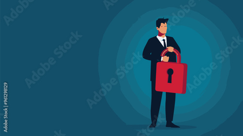 Businessman Holding Padlock and Key, Symbolizing Reliable Protection, Security, and Access to New Opportunities and Secret Business Knowledge for Smart Entrepreneurs