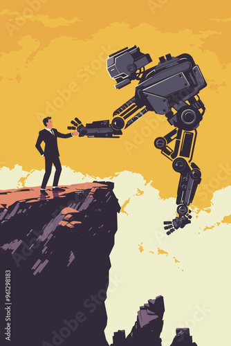 AI Robot Arm Pushing Businessman Off Cliff, Symbolizing Artificial Intelligence Disrupting Human Work and Causing Job Uncertainty