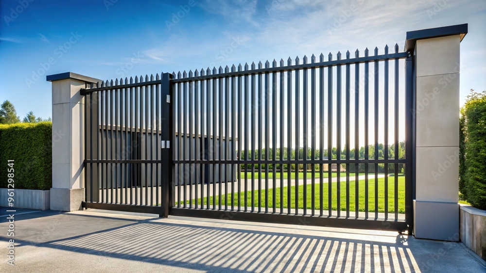 Automatic sliding gates with metal picket fence Automatic sliding gates with metal picket fence