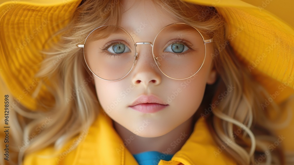 Cute Little Girl in Yellow Hat and Round Glasses Looking Up Cute Little Girl in Yellow Hat and Round Glasses Looking Up