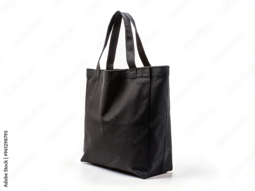 A close-up view of a reusable tote bag shows its black cotton fabric, eco-friendly design, and sturdy construction A close-up view of a reusable tote bag shows its black cotton fabric, eco-friendly design, and sturdy construction
