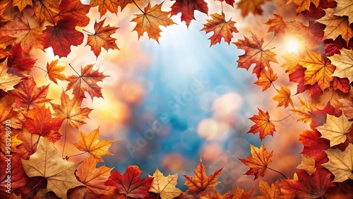 Autumn background with red leaves frame on light surface