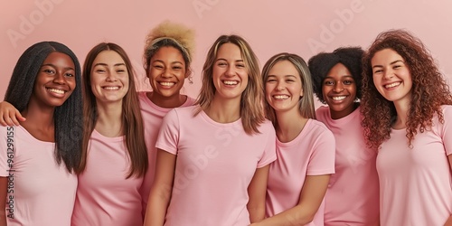 Diverse group of women wearing pink shirts are hugging each other and smiling on a pink background