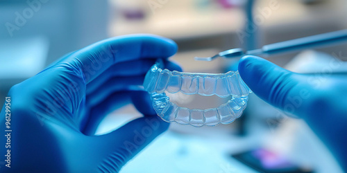 Hands in medical gloves hold transparent aligners, close-up. Prevention. Dental advertising on a blue background. Dental care concept. Advertising banner photo