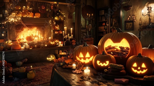 A spooky scene with pumpkins filled with treats and flickering candles, set on a table in a dimly lit living room. photo