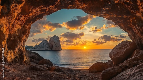 A stunning sunset over Es Vedra islet, seen from inside a cave on the Spanish island of Ibiza. photo