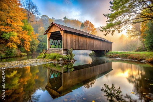 Autumn foggy morning over the Swann Covered Bridge in Blount County Alabama photo