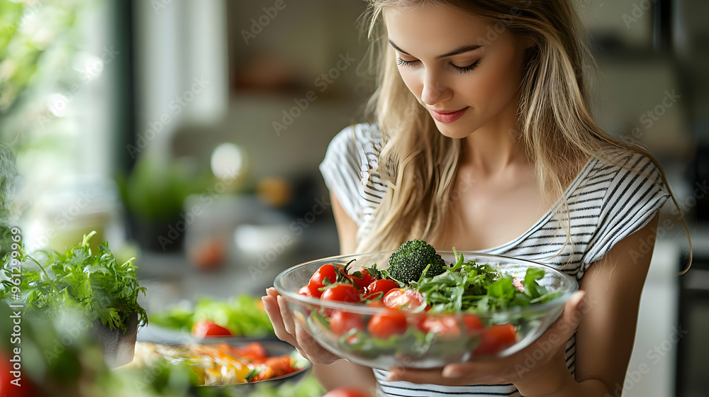 A woman holding a bowl of fresh vegetables in a kitchen. A woman holding a bowl of fresh vegetables in a kitchen.
