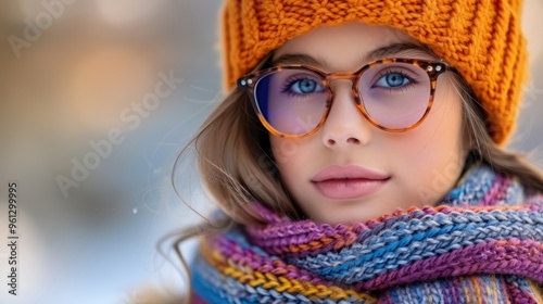 Portrait of a Young Woman Wearing a Knitted Hat and Scarf in Winter