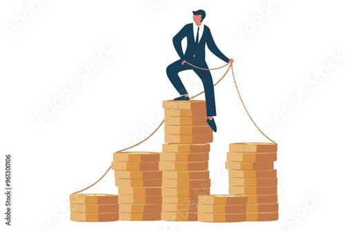 Businessman Climbing Rope to Reach Top of Coin Stack, Symbolizing Financial Growth