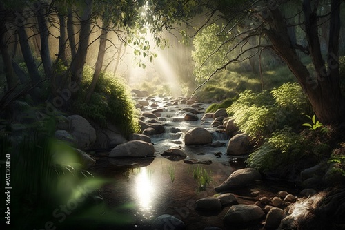 River in the forest with sun rays and fog. Beautiful nature background photo