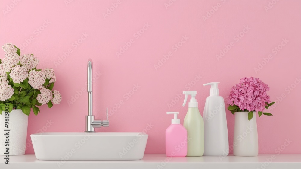 Sparkling Sink Serenity, a pristine sink gleams amidst neatly arranged cleaning supplies, embodying a commitment to hygiene in a minimalist, uncluttered environment.