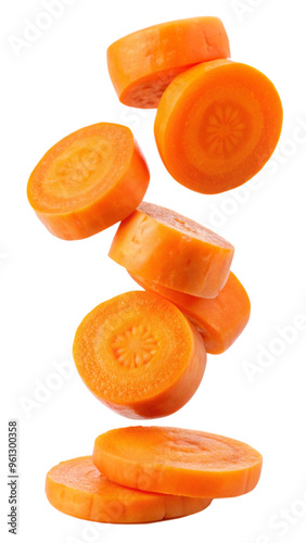 Falling Carrot slice isolated on white background, full depth of field