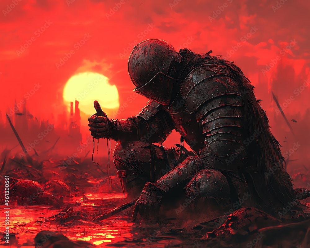 Epic warrior in battle armor, giving a thumbs down, standing on a battlefield littered with fallen enemies, with a bloodred sunset in the background Epic warrior in battle armor, giving a thumbs down, standing on a battlefield littered with fallen enemies, with a bloodred sunset in the background