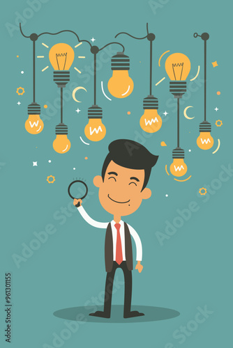 Businessman with Magnet Attracting Idea Light Bulbs, Symbolizing Imagination, Creativity, and Innovation for Profitable Business Ideas