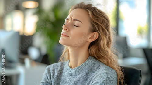 A woman in a cozy setting, eyes closed, appears relaxed or meditative.