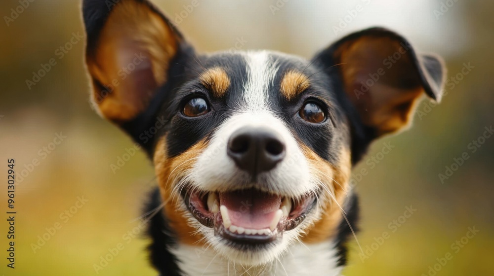 A close-up of a dog's face with a happy expression, ears perked up, and bright eyes, set against a blurred background. A close-up of a dog's face with a happy expression, ears perked up, and bright eyes, set against a blurred background.