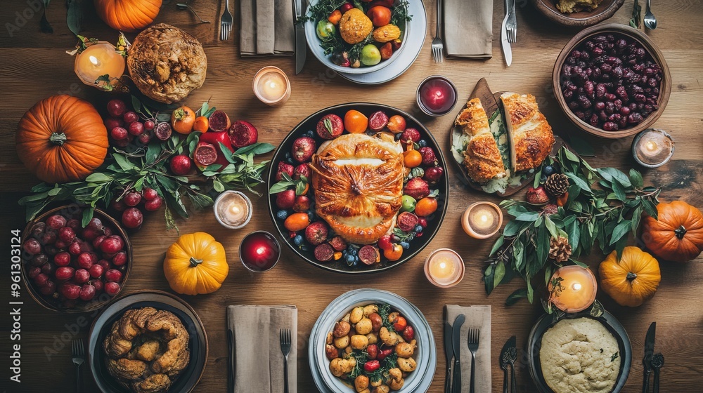 A Thanksgiving feast with all the classic dishes, beautifully arranged on the table. A Thanksgiving feast with all the classic dishes, beautifully arranged on the table.