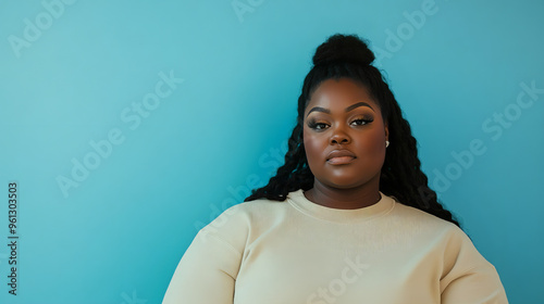 Portrait of serious dark skinned overweight young black woman looks directly at camera dressed in sweatshirt concentrated at camera poses against blue background. Human face expressions and emotions