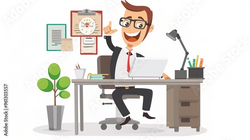 An office cartoon character standing in a professional environment. The character is wearing business attire and has a unique design. It is holding office tools and seems to be engaged in work - relat