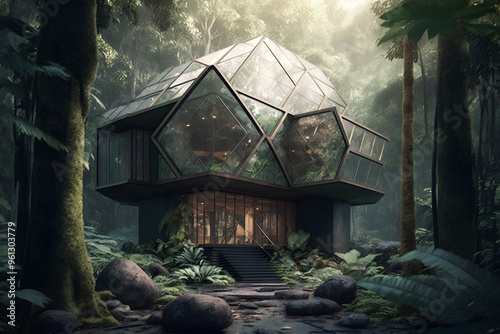 3d render of a futuristic house in a tropical forest with a glass roof.