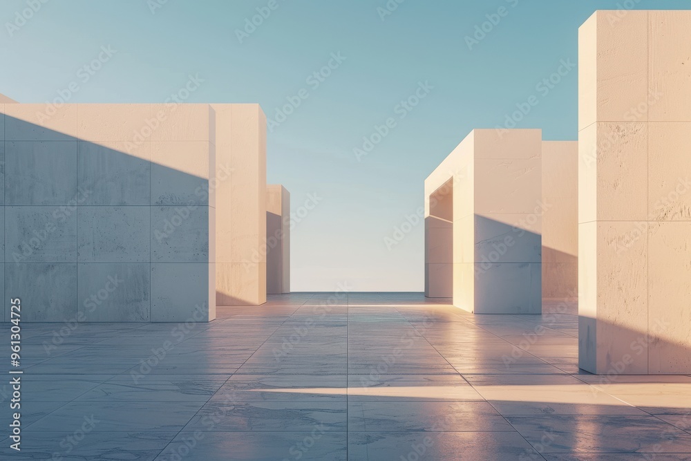 Fototapeta premium Architecture white wall art, blank bright, sunset sky, light shadows 