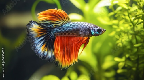 A close-up of a guppy with a bright, colorful tail fin, swimming among aquatic plants in a well-maintained freshwater tank. photo