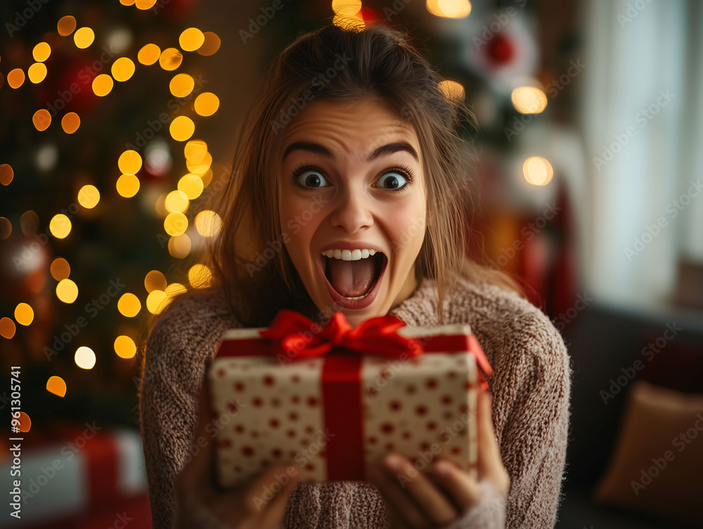 Glückliche Frau mit Weihnachtsgeschenk und weihnachtlichem Hintergrund, Überraschungsgeschenk Glückliche Frau mit Weihnachtsgeschenk und weihnachtlichem Hintergrund, Überraschungsgeschenk